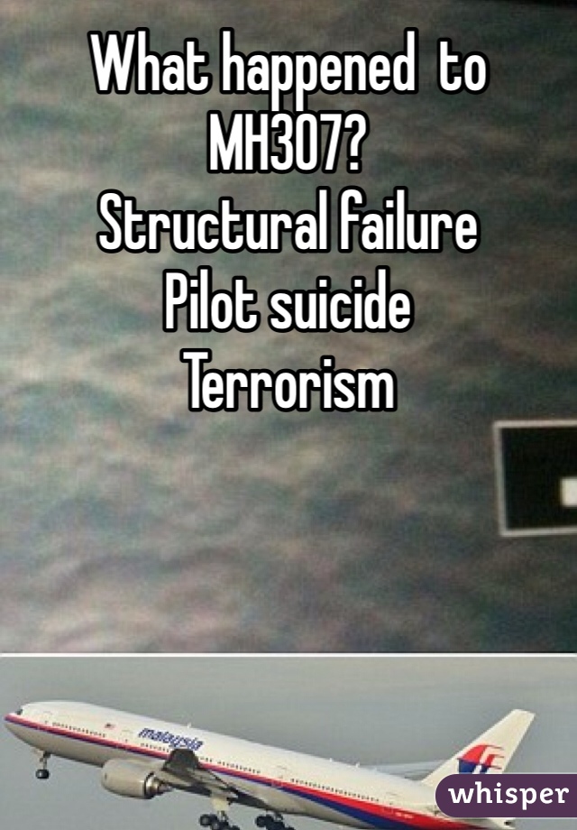 What happened  to MH307?
Structural failure
Pilot suicide 
Terrorism 
 
