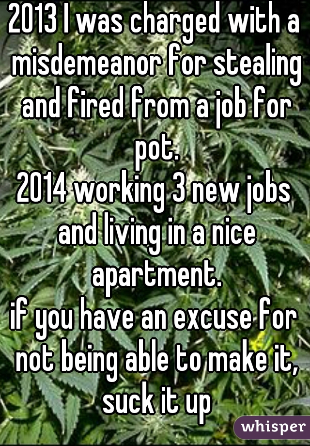 2013 I was charged with a misdemeanor for stealing and fired from a job for pot.
2014 working 3 new jobs and living in a nice apartment.
if you have an excuse for not being able to make it, suck it up