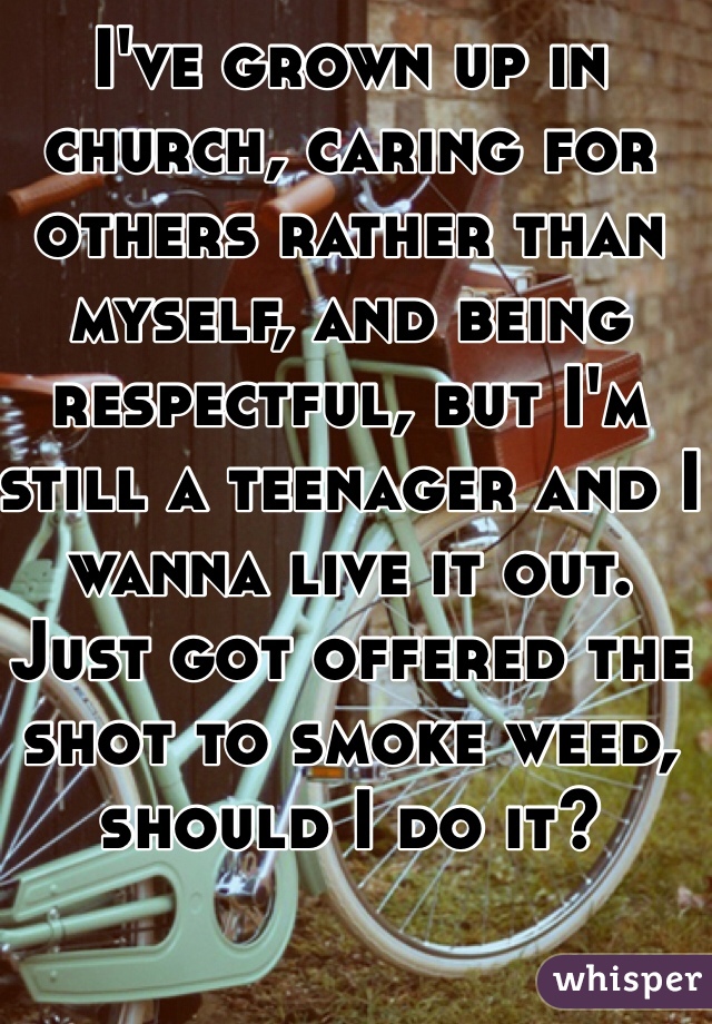I've grown up in church, caring for others rather than myself, and being respectful, but I'm still a teenager and I wanna live it out. 
Just got offered the shot to smoke weed, should I do it? 