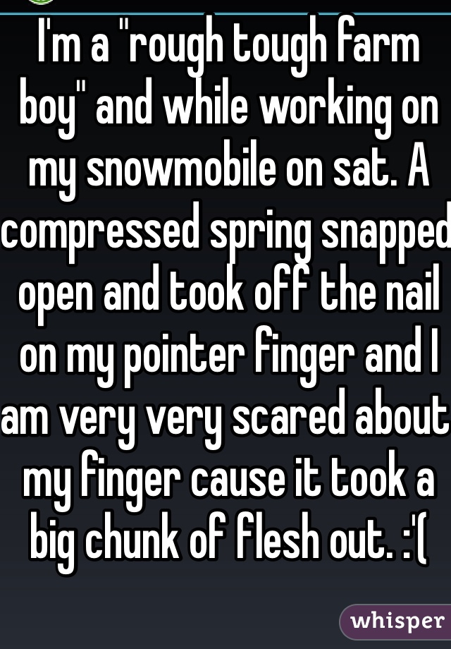 I'm a "rough tough farm boy" and while working on my snowmobile on sat. A compressed spring snapped open and took off the nail on my pointer finger and I am very very scared about my finger cause it took a big chunk of flesh out. :'(