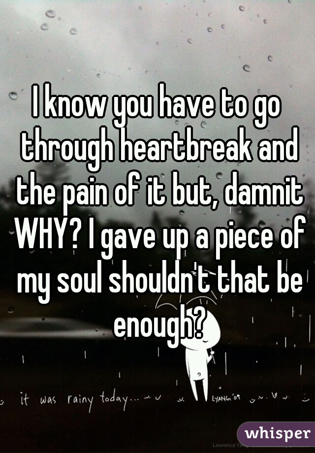 I know you have to go through heartbreak and the pain of it but, damnit WHY? I gave up a piece of my soul shouldn't that be enough?