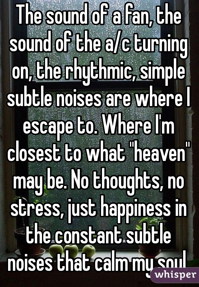 The sound of a fan, the sound of the a/c turning on, the rhythmic, simple subtle noises are where I escape to. Where I'm closest to what "heaven" may be. No thoughts, no stress, just happiness in the constant subtle noises that calm my soul. 