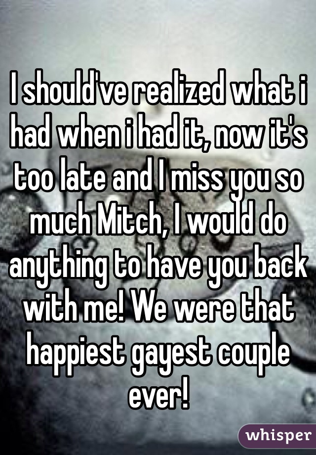 I should've realized what i had when i had it, now it's too late and I miss you so much Mitch, I would do anything to have you back with me! We were that happiest gayest couple ever! 