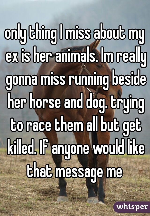 only thing I miss about my ex is her animals. Im really gonna miss running beside her horse and dog. trying to race them all but get killed. If anyone would like that message me 