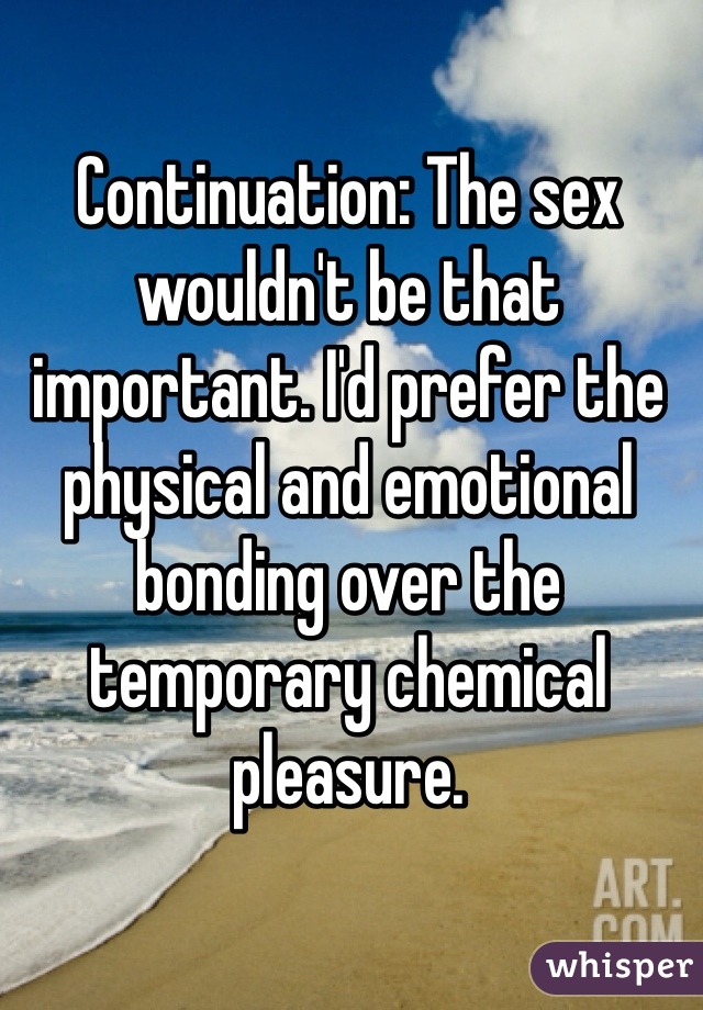 Continuation: The sex wouldn't be that important. I'd prefer the physical and emotional bonding over the temporary chemical pleasure.