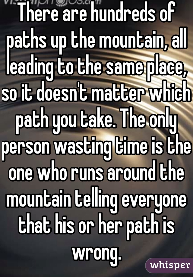 There are hundreds of paths up the mountain, all leading to the same place, so it doesn't matter which path you take. The only person wasting time is the one who runs around the mountain telling everyone that his or her path is wrong.