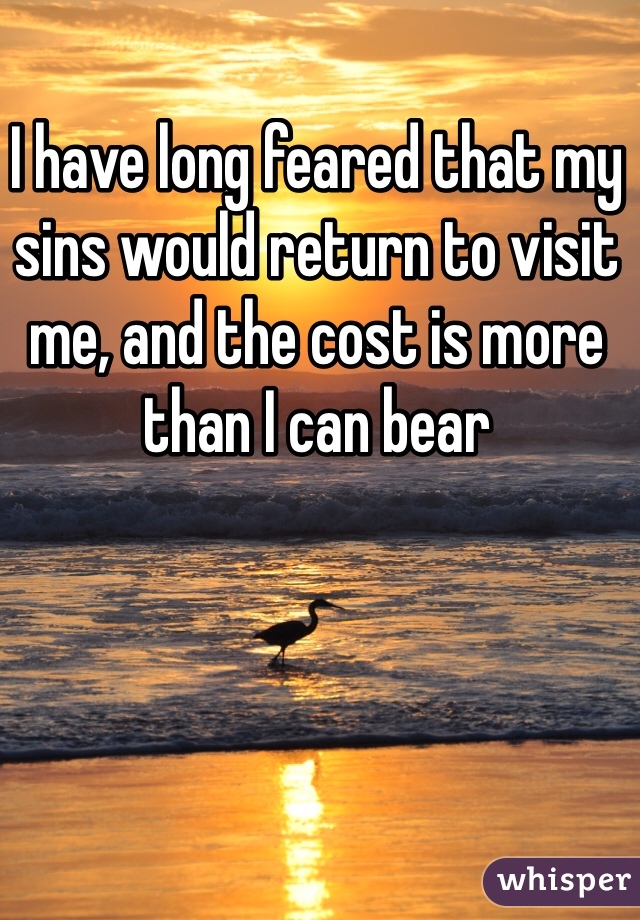 I have long feared that my sins would return to visit me, and the cost is more than I can bear 