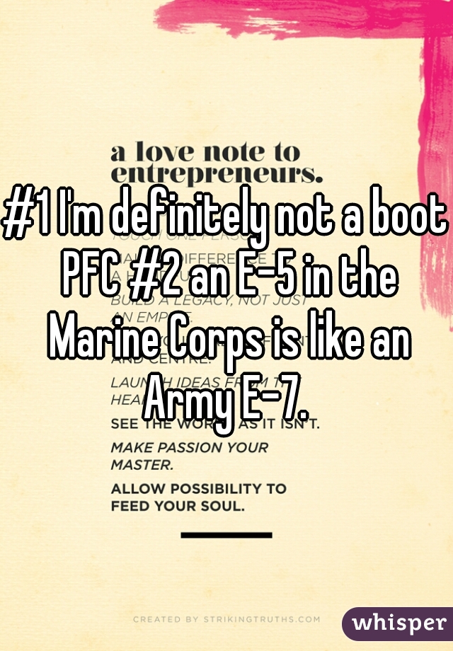 #1 I'm definitely not a boot PFC #2 an E-5 in the Marine Corps is like an Army E-7. 