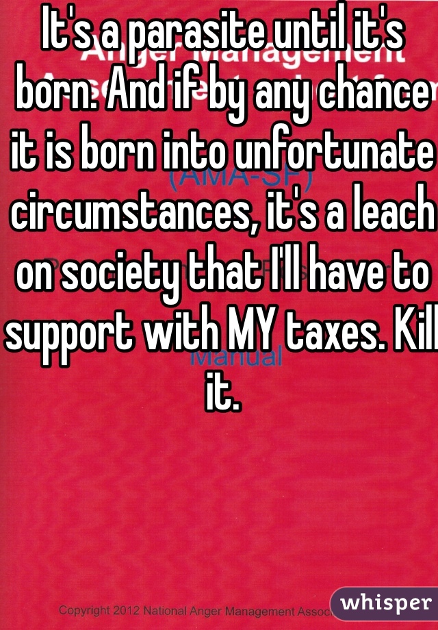 It's a parasite until it's born. And if by any chance it is born into unfortunate circumstances, it's a leach on society that I'll have to support with MY taxes. Kill it.
