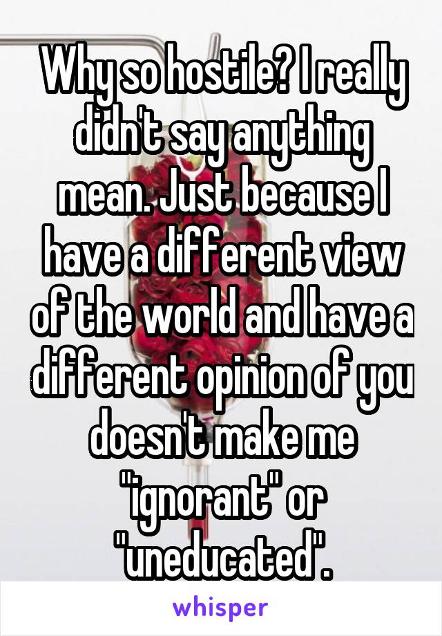 Why so hostile? I really didn't say anything mean. Just because I have a different view of the world and have a different opinion of you doesn't make me "ignorant" or "uneducated".