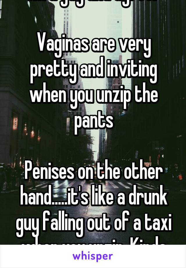 I'm a guy and agree. 

Vaginas are very pretty and inviting when you unzip the pants

Penises on the other hand.....it's like a drunk guy falling out of a taxi when you unzip. Kinda rude lol 