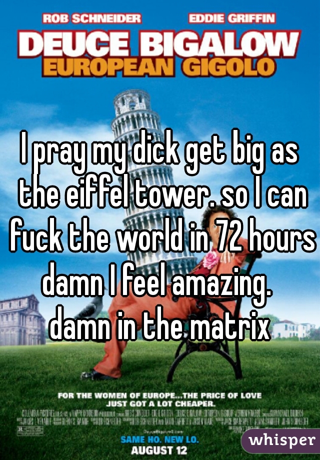 I pray my dick get big as the eiffel tower. so I can fuck the world in 72 hours
damn I feel amazing. 
damn in the matrix