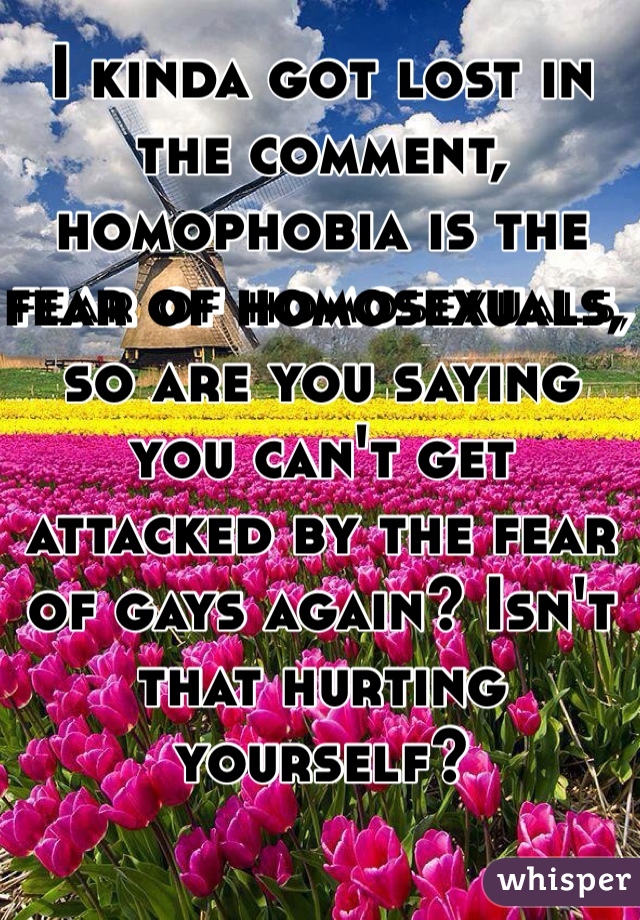 I kinda got lost in the comment, homophobia is the fear of homosexuals, so are you saying you can't get attacked by the fear of gays again? Isn't that hurting yourself?