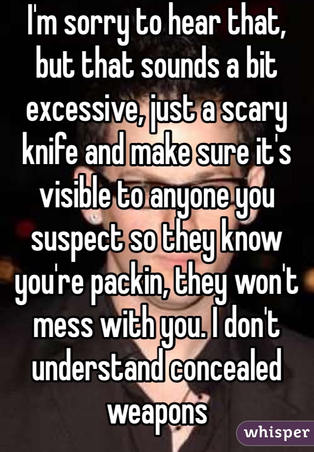 I'm sorry to hear that, but that sounds a bit excessive, just a scary knife and make sure it's visible to anyone you suspect so they know you're packin, they won't mess with you. I don't understand concealed weapons