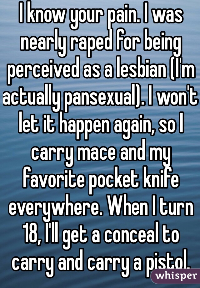 I know your pain. I was nearly raped for being perceived as a lesbian (I'm actually pansexual). I won't let it happen again, so I carry mace and my favorite pocket knife everywhere. When I turn 18, I'll get a conceal to carry and carry a pistol.