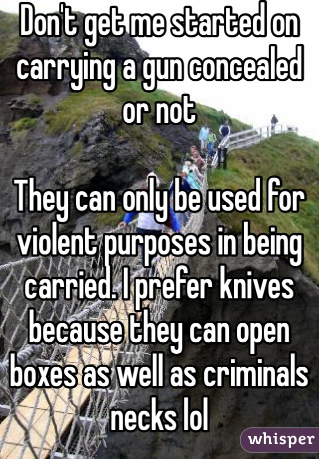 Don't get me started on carrying a gun concealed or not

They can only be used for violent purposes in being carried. I prefer knives because they can open boxes as well as criminals necks lol