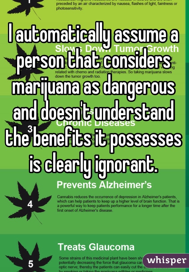 I automatically assume a person that considers marijuana as dangerous and doesn't understand the benefits it possesses is clearly ignorant. 