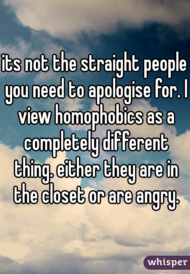 its not the straight people you need to apologise for. I view homophobics as a completely different thing. either they are in the closet or are angry.