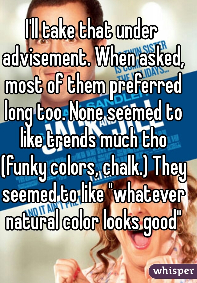 I'll take that under advisement. When asked, most of them preferred long too. None seemed to like trends much tho (funky colors, chalk.) They seemed to like "whatever natural color looks good"
