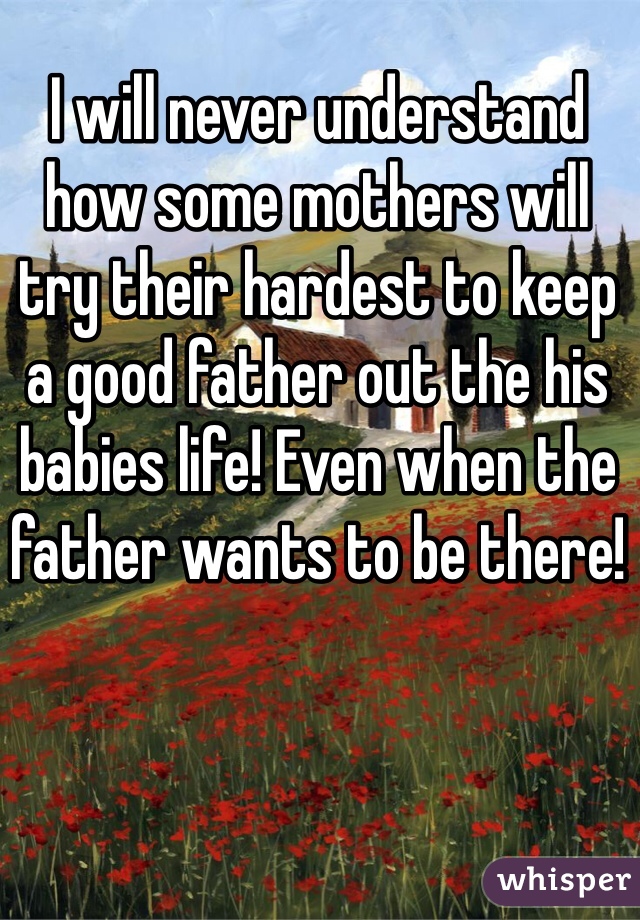 I will never understand how some mothers will try their hardest to keep a good father out the his babies life! Even when the father wants to be there!