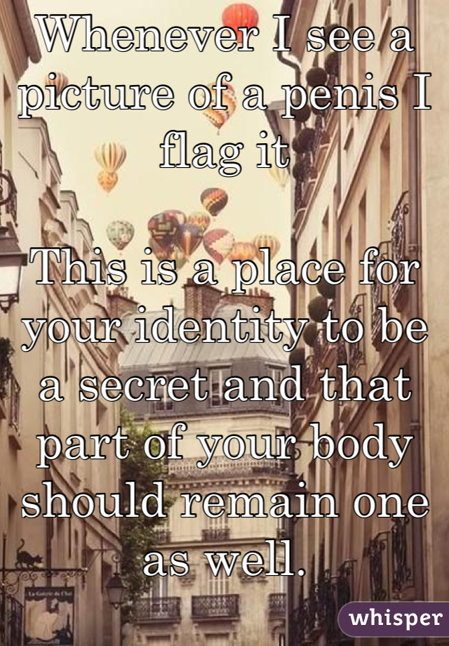Whenever I see a picture of a penis I flag it

This is a place for your identity to be a secret and that part of your body should remain one as well.