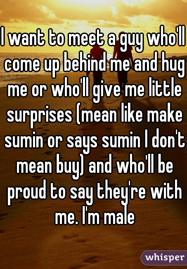 I want to meet a guy who'll come up behind me and hug me or who'll give me little surprises (mean like make sumin or says sumin I don't mean buy) and who'll be proud to say they're with me. I'm male