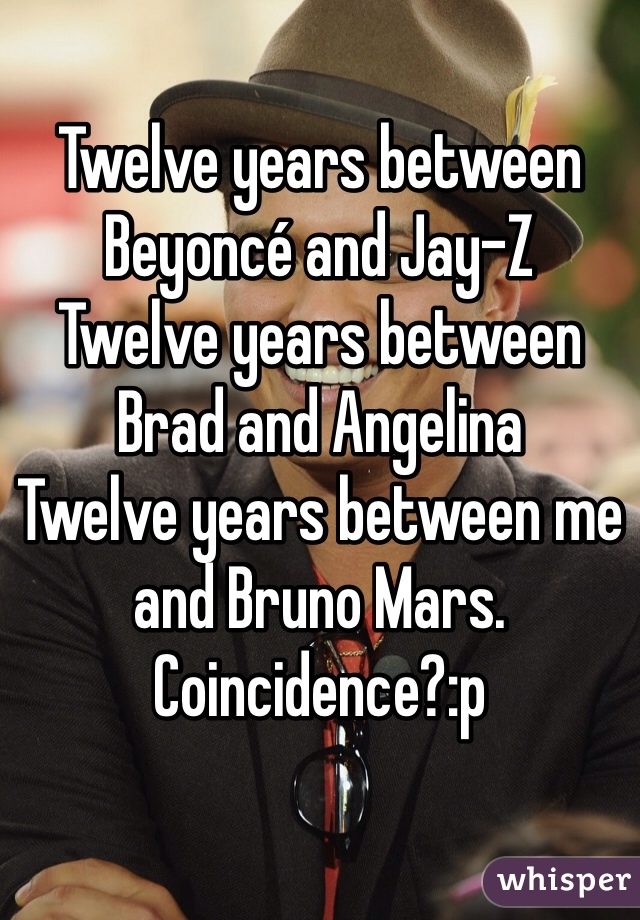 Twelve years between Beyoncé and Jay-Z
Twelve years between Brad and Angelina
Twelve years between me and Bruno Mars. Coincidence?:p 