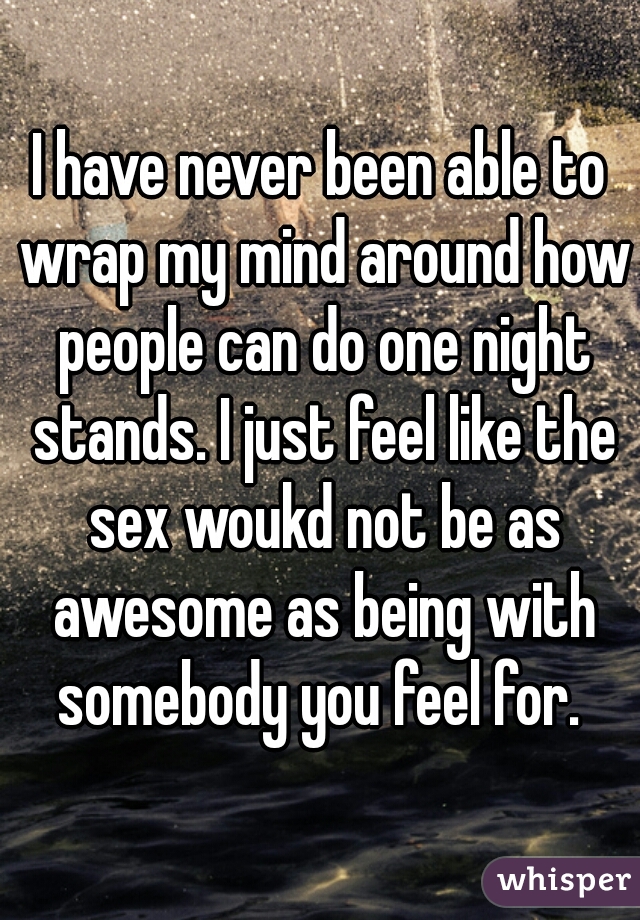 I have never been able to wrap my mind around how people can do one night stands. I just feel like the sex woukd not be as awesome as being with somebody you feel for. 