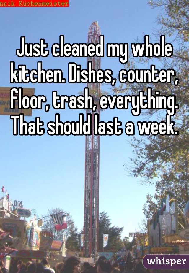 Just cleaned my whole kitchen. Dishes, counter, floor, trash, everything. That should last a week. 
