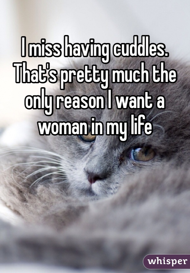 I miss having cuddles. That's pretty much the only reason I want a woman in my life