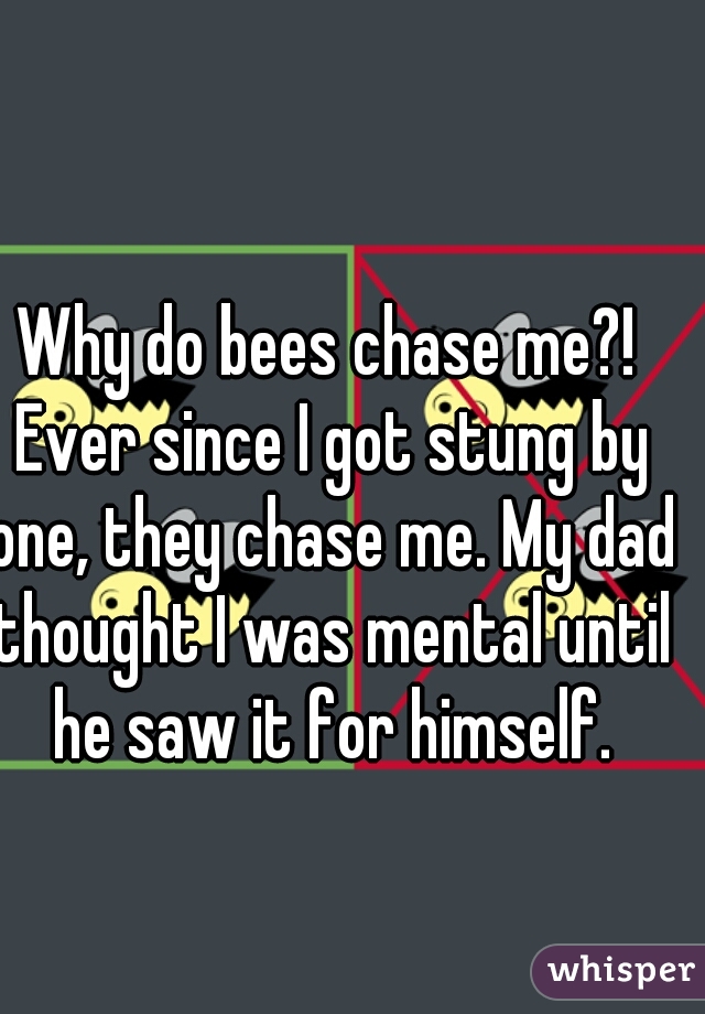 Why do bees chase me?! Ever since I got stung by one, they chase me. My dad thought I was mental until he saw it for himself.