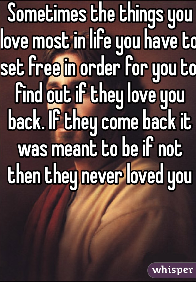 Sometimes the things you love most in life you have to set free in order for you to find out if they love you back. If they come back it was meant to be if not then they never loved you
