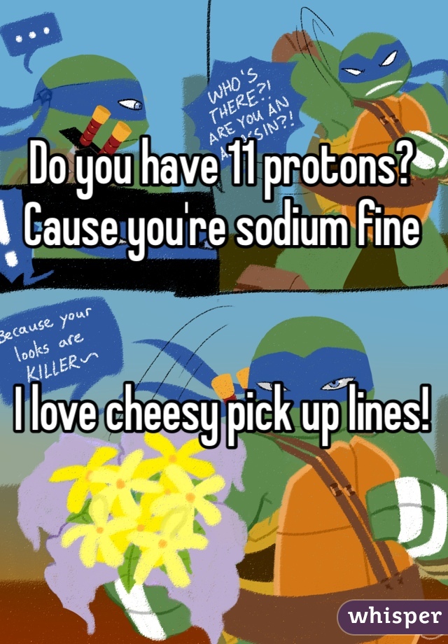 Do you have 11 protons? 
Cause you're sodium fine 


I love cheesy pick up lines! 