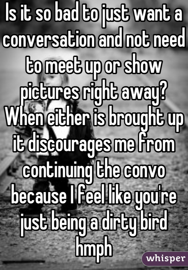 Is it so bad to just want a conversation and not need to meet up or show pictures right away?
When either is brought up it discourages me from continuing the convo because I feel like you're just being a dirty bird hmph