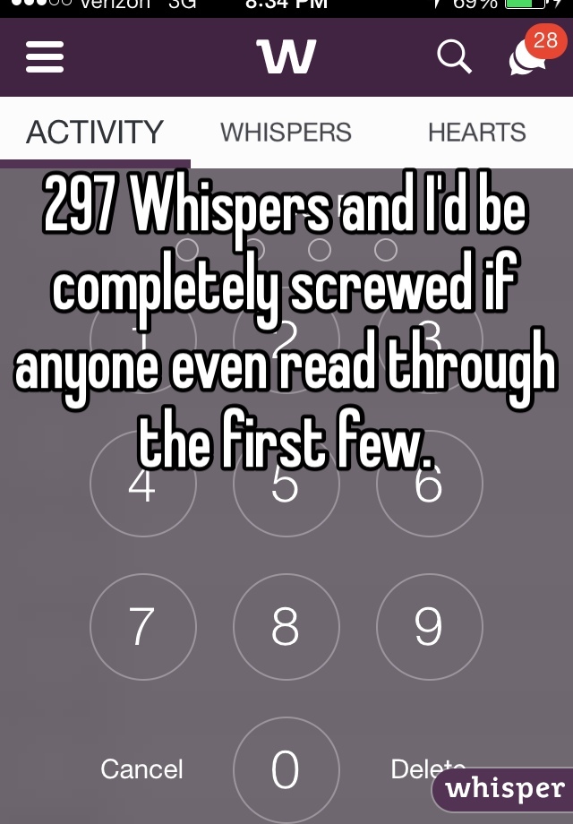 297 Whispers and I'd be completely screwed if anyone even read through the first few. 