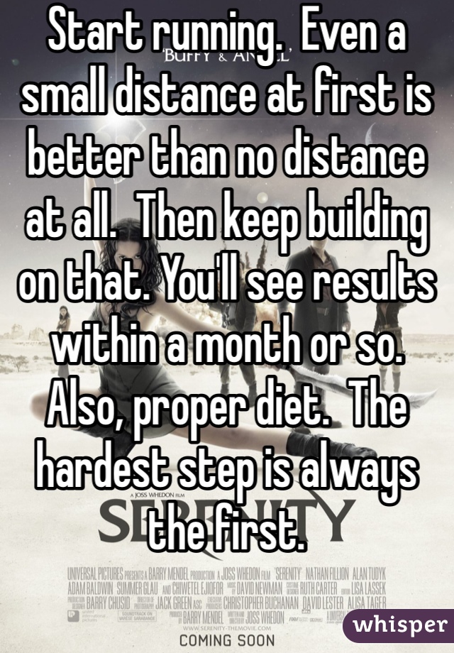 Start running.  Even a small distance at first is better than no distance at all.  Then keep building on that. You'll see results within a month or so.  Also, proper diet.  The hardest step is always the first.