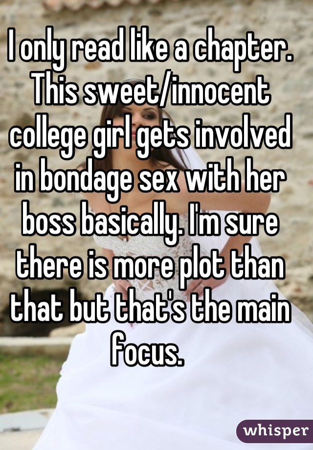 I only read like a chapter. This sweet/innocent college girl gets involved in bondage sex with her boss basically. I'm sure there is more plot than that but that's the main focus. 