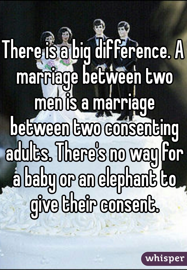 There is a big difference. A marriage between two men is a marriage between two consenting adults. There's no way for a baby or an elephant to give their consent.