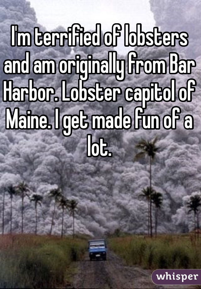 I'm terrified of lobsters and am originally from Bar Harbor. Lobster capitol of Maine. I get made fun of a lot.
