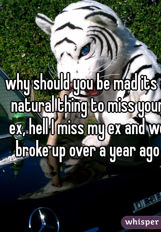 why should you be mad its a natural thing to miss your ex, hell I miss my ex and we broke up over a year ago
