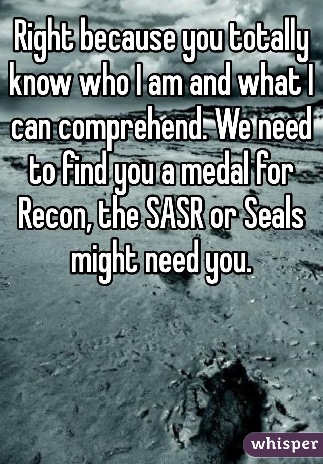 Right because you totally know who I am and what I can comprehend. We need to find you a medal for Recon, the SASR or Seals might need you.