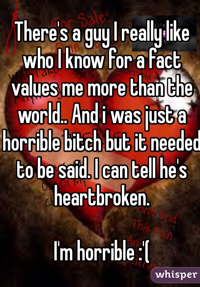 There's a guy I really like who I know for a fact values me more than the world.. And i was just a horrible bitch but it needed to be said. I can tell he's heartbroken. 

I'm horrible :'(