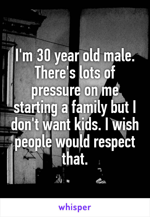 I'm 30 year old male. There's lots of pressure on me starting a family but I don't want kids. I wish people would respect that.