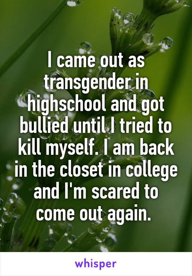 I came out as transgender in highschool and got bullied until I tried to kill myself. I am back in the closet in college and I'm scared to come out again. 