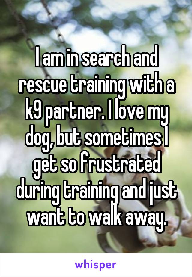 I am in search and rescue training with a k9 partner. I love my dog, but sometimes I get so frustrated during training and just want to walk away.