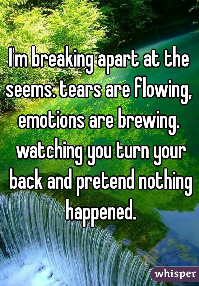 I'm breaking apart at the seems. tears are flowing,  emotions are brewing.  watching you turn your back and pretend nothing happened.
