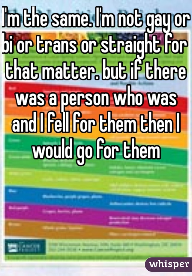I'm the same. I'm not gay or bi or trans or straight for that matter. but if there was a person who was and I fell for them then I would go for them