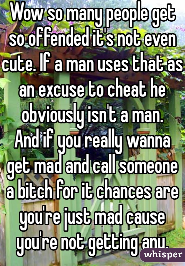 Wow so many people get so offended it's not even cute. If a man uses that as an excuse to cheat he obviously isn't a man.
And if you really wanna get mad and call someone a bitch for it chances are you're just mad cause you're not getting any.