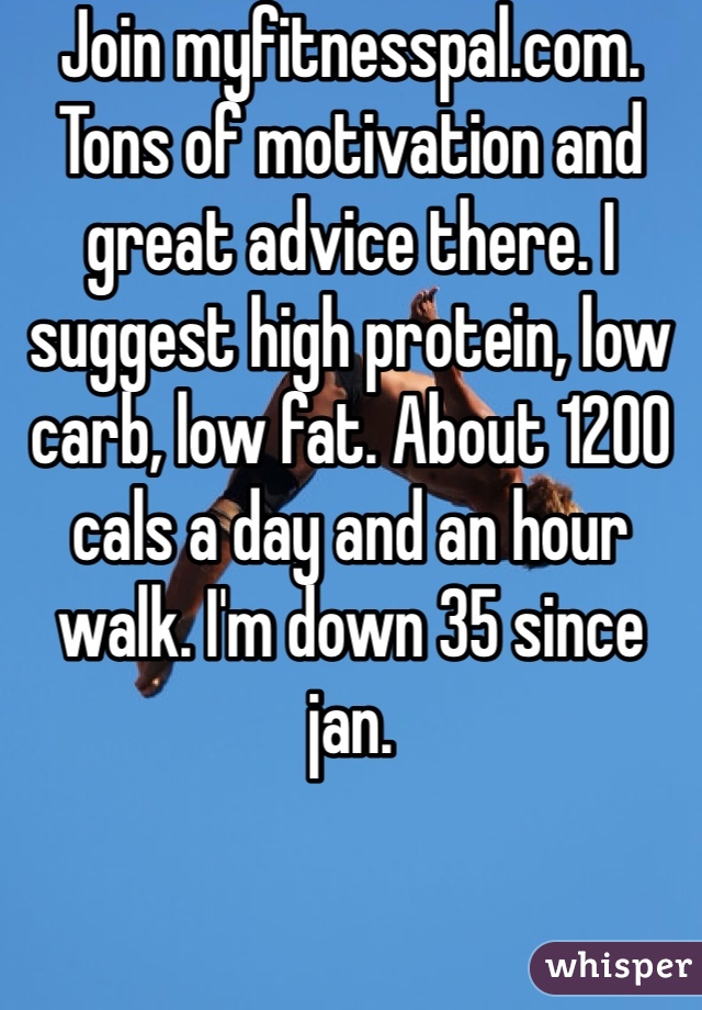 Join myfitnesspal.com. Tons of motivation and great advice there. I suggest high protein, low carb, low fat. About 1200 cals a day and an hour walk. I'm down 35 since jan. 