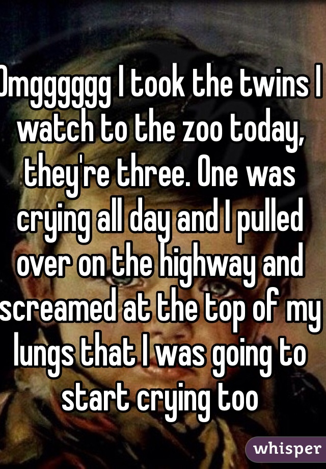 Omgggggg I took the twins I watch to the zoo today, they're three. One was crying all day and I pulled over on the highway and screamed at the top of my lungs that I was going to start crying too 